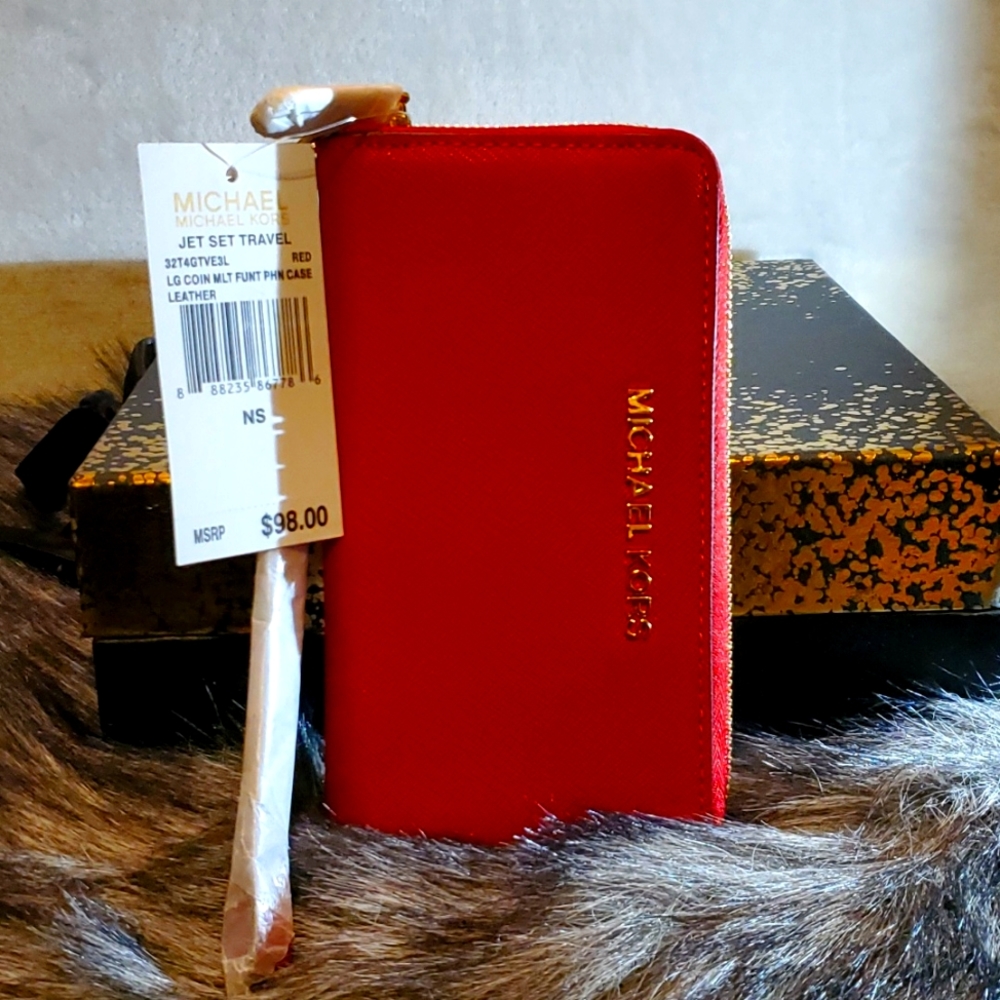 Michael Kors Jet Set Lg Coin Multifunction Phone Case ~ Red ~ NWT BOGO HALF